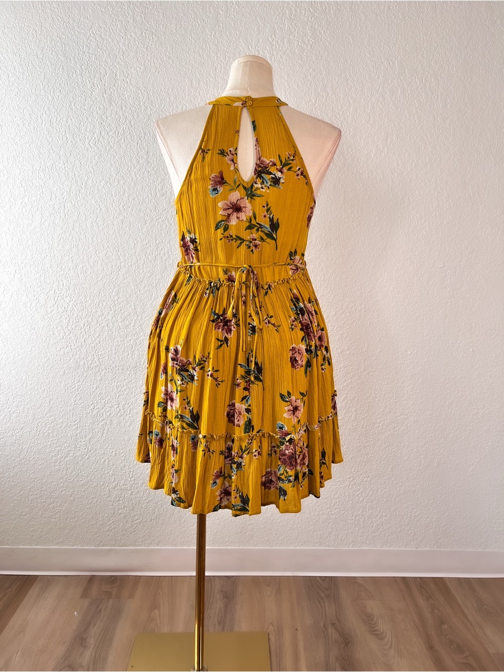 Xhilaration Mustard Yellow Floral Halter Mini Dress - Picture 3 of 3